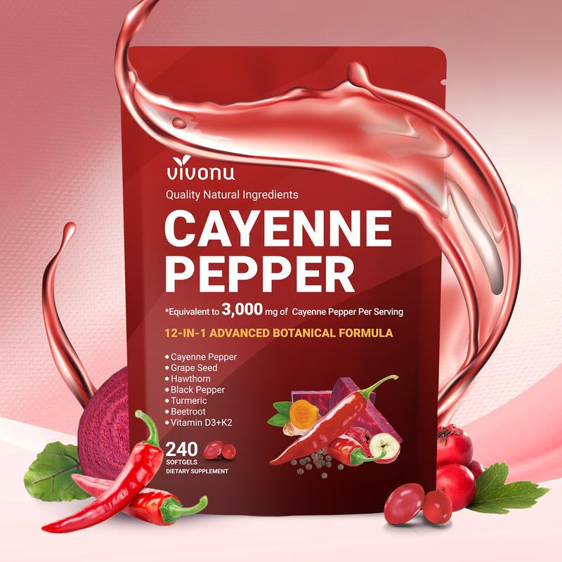 Cayenne Pepper Softgels Supplement, Supports Leg Vein, Heart and Blood Vessel Health, with Vitamin E D3+K2 and Extracts of Grape Seed, Hawthorn, Beetroot and Others (240 Softge /1 Bag)