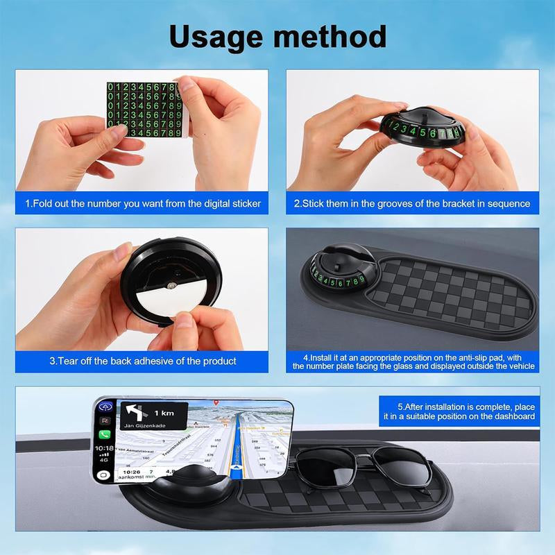 [Holiday Haul] Multifunction Car Anti-Slip Mat, 2025 Multifunctional Car Dashboard Mobile Phone Holder, Auto Universal Rotatable anti Skid Car Dashboard Pad with Temporary Parking Number