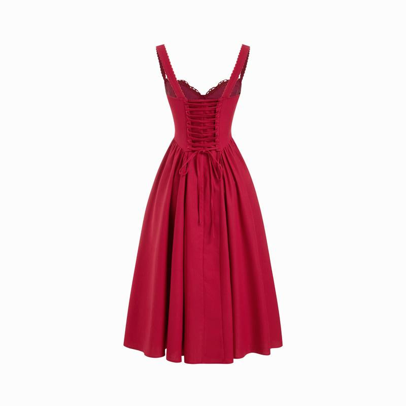 Cider Cotton-Blend U-Neckline Ruffled Lace up Flared Maxi Dress