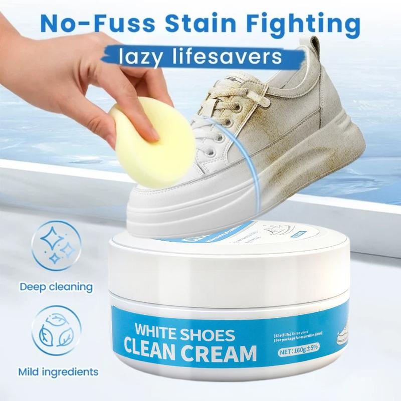 Multipurpose No-Wash White Shoe Cleaner Cream with Built-In Sponge for Leather Silicon Car Interiors 160G Mild Formula Gentle Non-Irritating Eco-Friendly