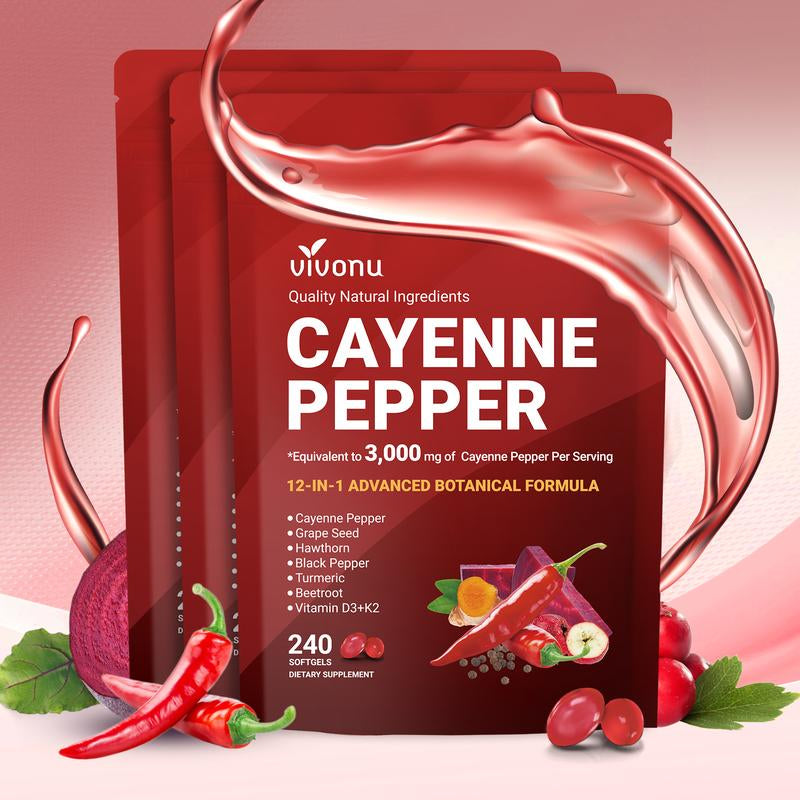 Cayenne Pepper Softgels Supplement, Supports Leg Vein, Heart and Blood Vessel Health, with Vitamin E D3+K2 and Extracts of Grape Seed, Hawthorn, Beetroot and Others (240 Softge /1 Bag)
