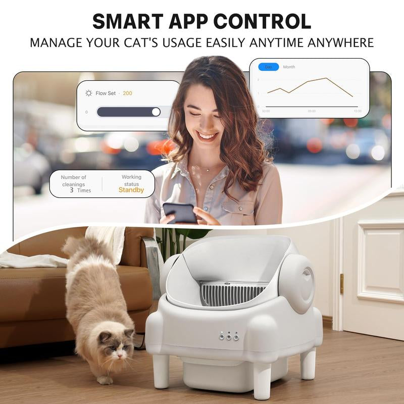 TAYACICY Self Cleaning Litter Box Open-Top with App Control for Multiple Cats 16.5"X16.5" Entrance Dual Safety Tech 10.5L Sealed Waste Bin Cream White