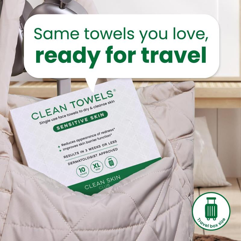 Clean Skin Club Sensitive Skin Clean Towels® XL, Travel Pack, Disposable Face Towels Infused with Aloe & Glycerin, Dermatologist and Tsa-Approved, Travel Essential for Sensitive & Reactive Skin,10 Ct