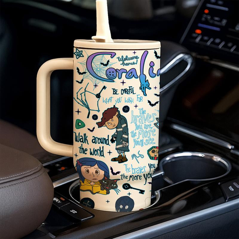 1Pc 40Oz Stainless Steel Tumbler with Lid and Straw, Coraline Dark Fantasy Cartoon Style, Vacuum Insulated Thermal Cup, Keep Hot 12H / Cold 24H, Creepy Cute Travel Mug for Movie Fans, Unique Gift for Horror Aesthetic Lovers and Animation Enthusiasts
