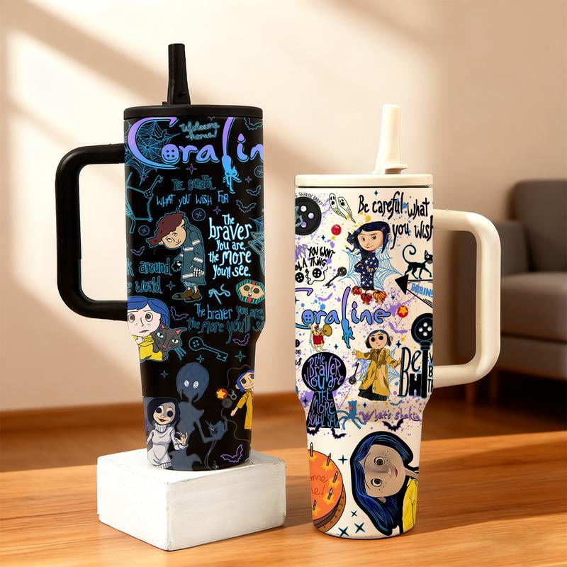 1Pc 40Oz Stainless Steel Tumbler with Lid and Straw, Coraline Dark Fantasy Cartoon Style, Vacuum Insulated Thermal Cup, Keep Hot 12H / Cold 24H, Creepy Cute Travel Mug for Movie Fans, Unique Gift for Horror Aesthetic Lovers and Animation Enthusiasts