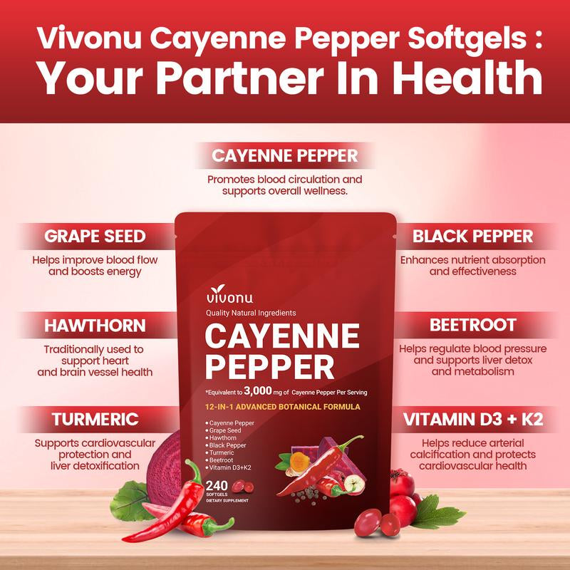 Cayenne Pepper Softgels Supplement, Supports Leg Vein, Heart and Blood Vessel Health, with Vitamin E D3+K2 and Extracts of Grape Seed, Hawthorn, Beetroot and Others (240 Softge /1 Bag)