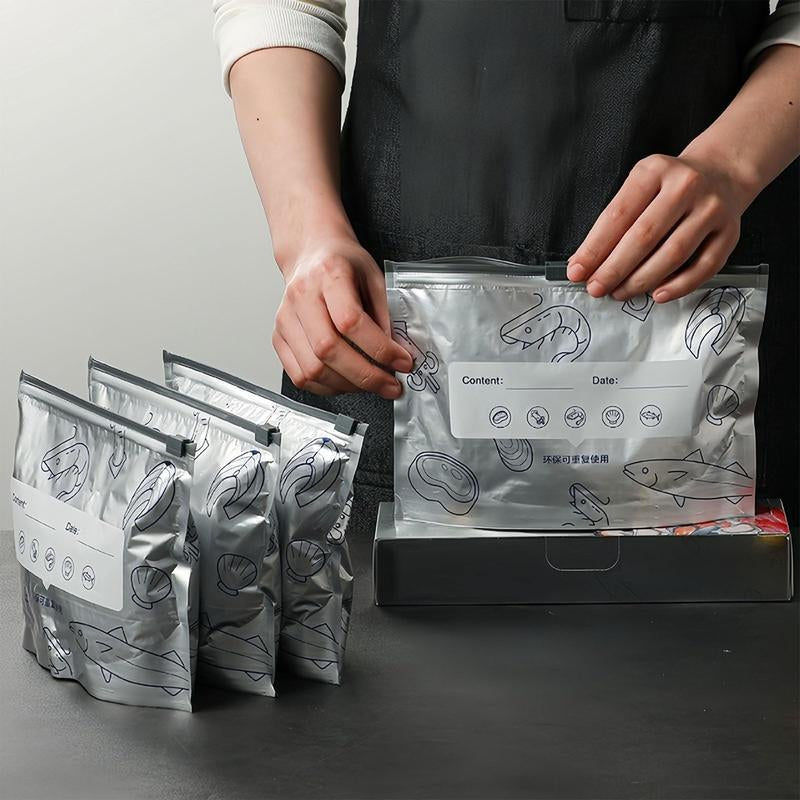 【Refrigerated Food】Reusable Aluminum Foil Sealable Storage Bags, 2026 New Resealable Vacuum Zipper Pouches for Food, Stand up Foil Sealable Bags with Label and Zip Lock for Vegetable Fruit Meat