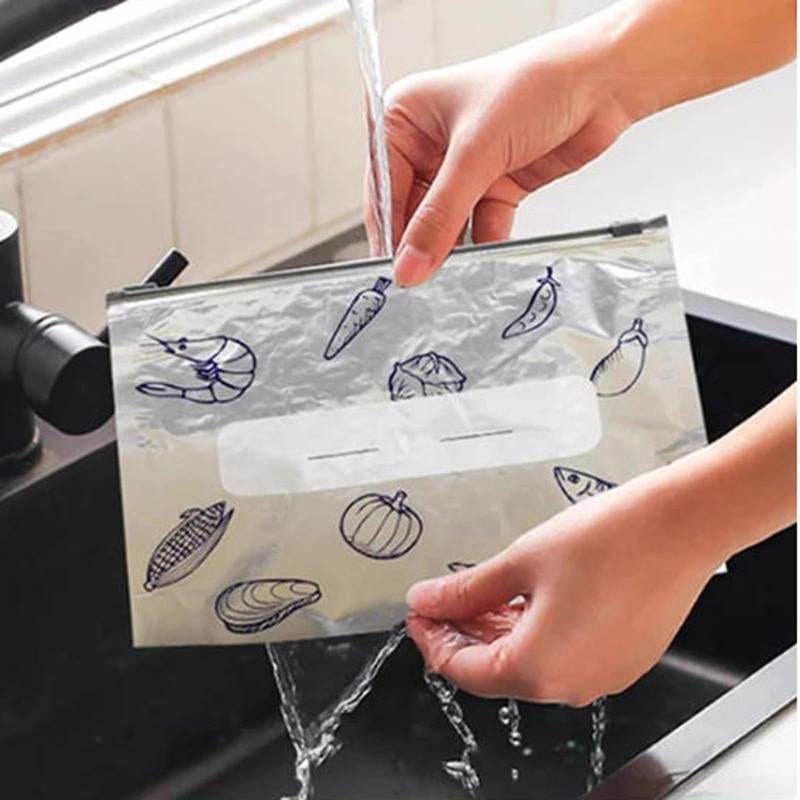 【Refrigerated Food】Reusable Aluminum Foil Sealable Storage Bags, 2026 New Resealable Vacuum Zipper Pouches for Food, Stand up Foil Sealable Bags with Label and Zip Lock for Vegetable Fruit Meat