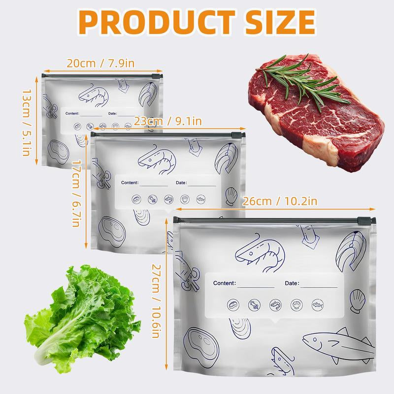 【Refrigerated Food】Reusable Aluminum Foil Sealable Storage Bags, 2026 New Resealable Vacuum Zipper Pouches for Food, Stand up Foil Sealable Bags with Label and Zip Lock for Vegetable Fruit Meat
