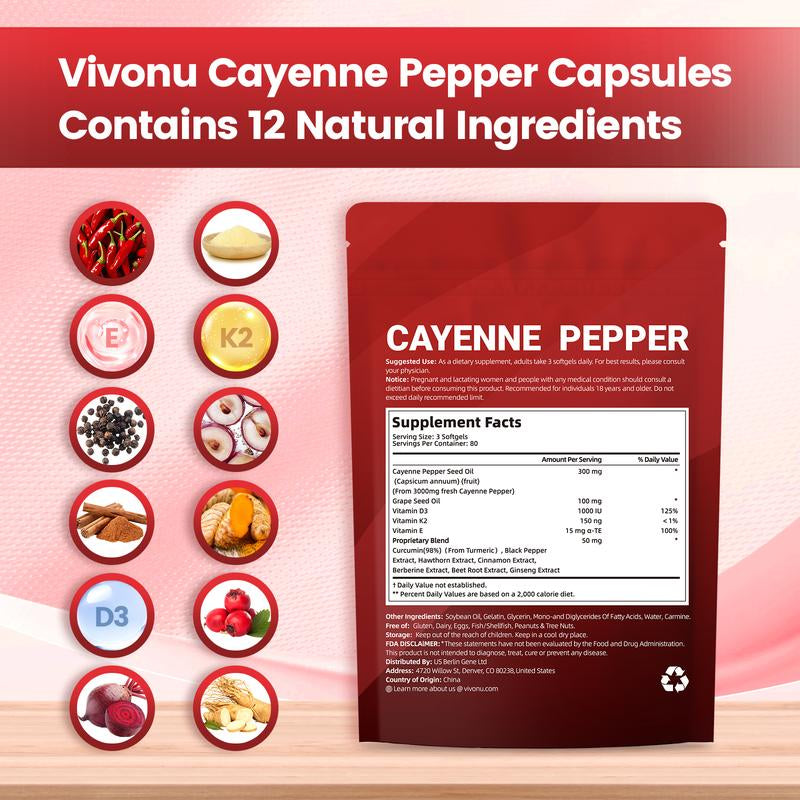 Cayenne Pepper Softgels Supplement, Supports Leg Vein, Heart and Blood Vessel Health, with Vitamin E D3+K2 and Extracts of Grape Seed, Hawthorn, Beetroot and Others (240 Softge /1 Bag)