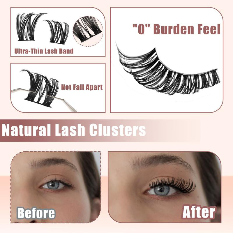 Lash Clusters Kit Natural Individual Lashes Wispy Eyelash Extensions 10-16Mm DIY Lash Extension Kit Lash Bond and Seal Waterproof, Lash Applicator, Thick False Eyelashes Kit
