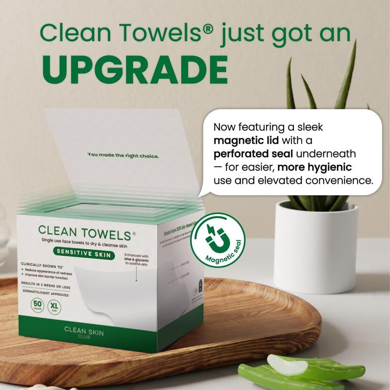 Clean Skin Club Clean Towels® XL Sensitive Skin | Ultra-Soft Disposable Face Towel Infused with Aloe & Glycerin | Dermatologist-Approved, Single-Use Towelette for Sensitive & Reactive Skin, 50 Count