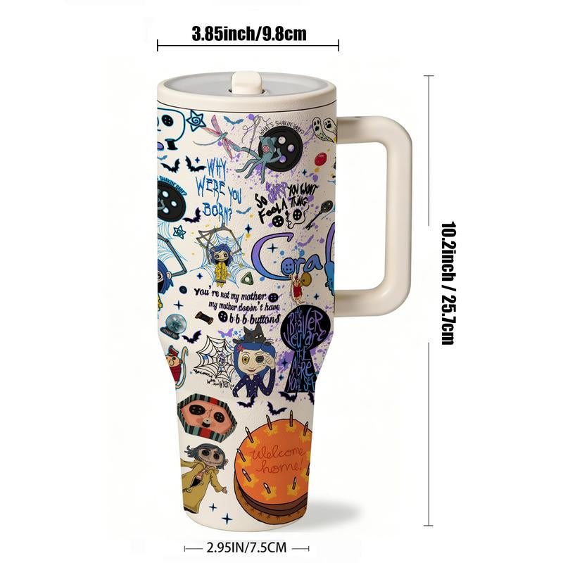 1Pc 40Oz Stainless Steel Tumbler with Lid and Straw, Coraline Dark Fantasy Cartoon Style, Vacuum Insulated Thermal Cup, Keep Hot 12H / Cold 24H, Creepy Cute Travel Mug for Movie Fans, Unique Gift for Horror Aesthetic Lovers and Animation Enthusiasts