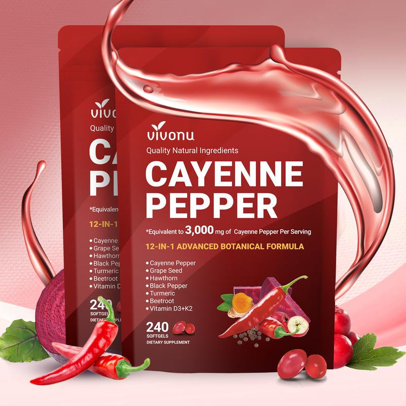 Cayenne Pepper Softgels Supplement, Supports Leg Vein, Heart and Blood Vessel Health, with Vitamin E D3+K2 and Extracts of Grape Seed, Hawthorn, Beetroot and Others (240 Softge /1 Bag)